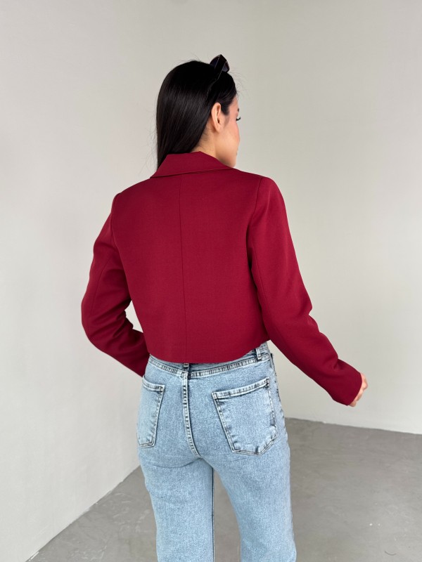 CKT-12441 Bordo Vatkalı Ön Bağlamalı Crop Ceket