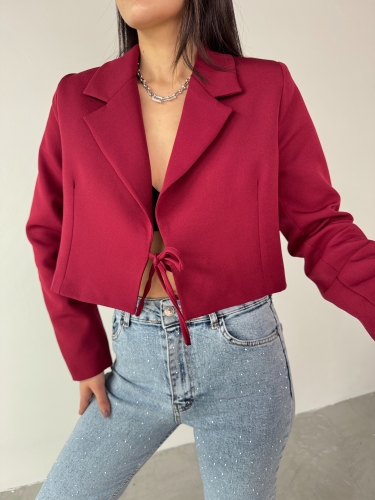 Cappmoda - CKT-12441 Bordo Vatkalı Ön Bağlamalı Crop Ceket (1)