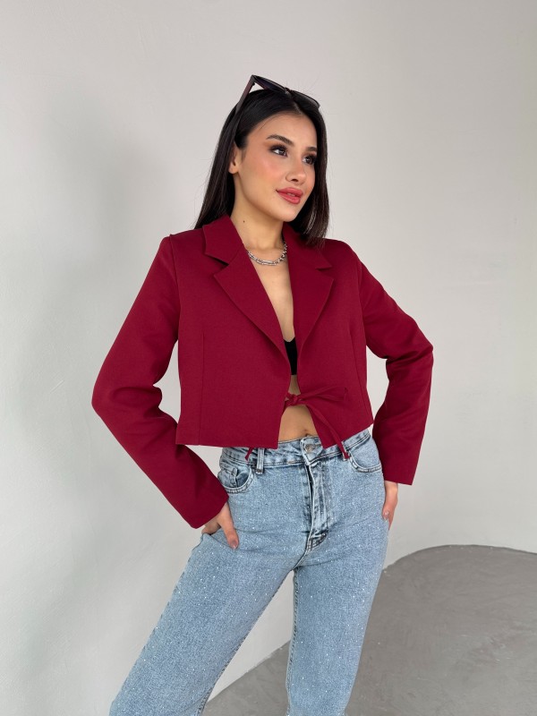 CKT-12441 Bordo Vatkalı Ön Bağlamalı Crop Ceket