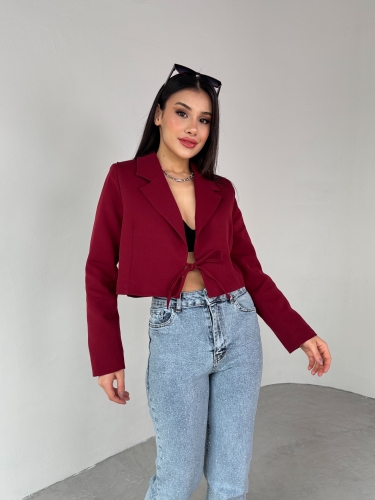 CKT-12441 Bordo Vatkalı Ön Bağlamalı Crop Ceket - Thumbnail
