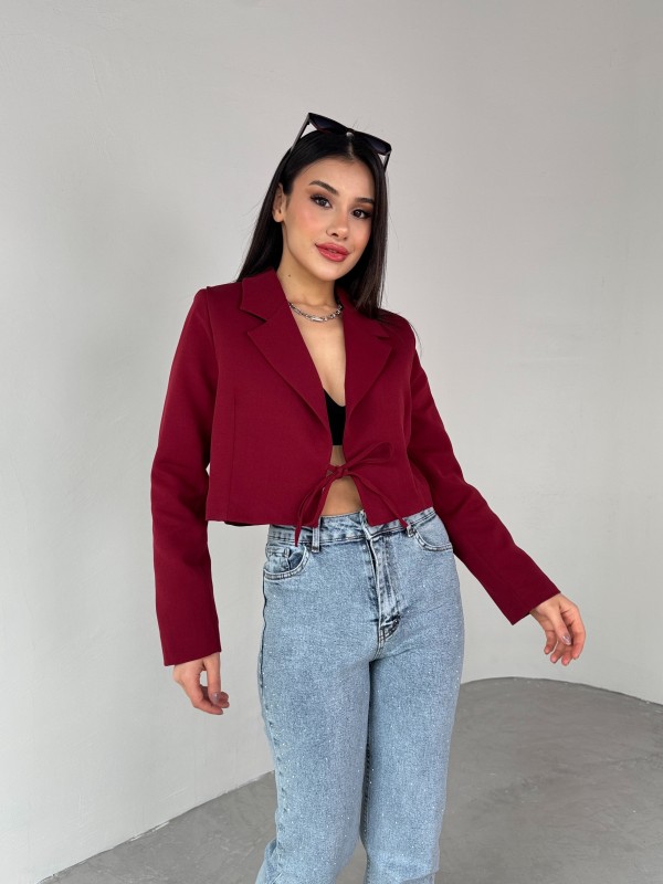 CKT-12441 Bordo Vatkalı Ön Bağlamalı Crop Ceket
