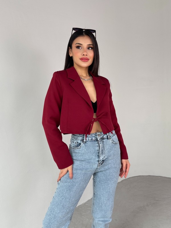 CKT-12441 Bordo Vatkalı Ön Bağlamalı Crop Ceket