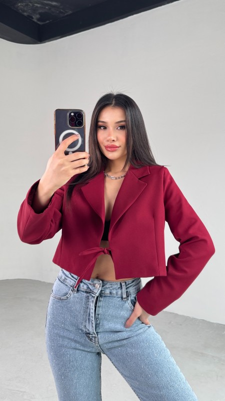 CKT-12441 Bordo Vatkalı Ön Bağlamalı Crop Ceket