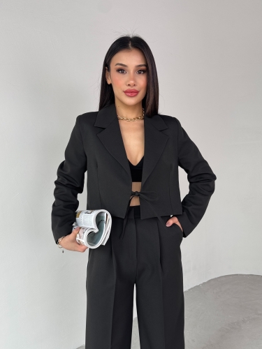 CKT-12441 Siyah Vatkalı Ön Bağlamalı Crop Ceket - 5