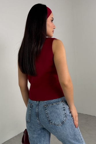Cappmoda - CKT-12442 Bordo Düğme Detay Kruvaze Yaka Astarlı Yelek (1)
