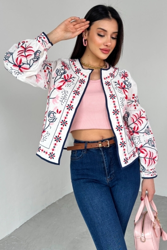 Cappmoda - CKT-12443 Beyaz Pembe Çiçek İşlemeli Ceket (1)