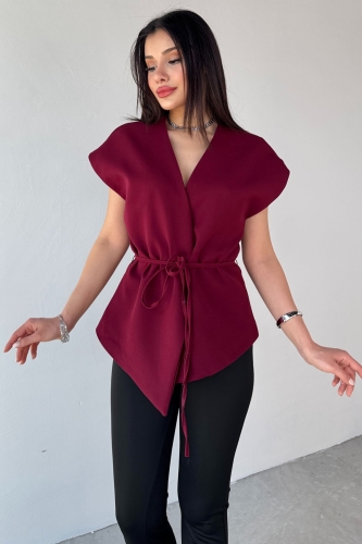 Cappmoda - CKT-12448 Bordo Bağlama Detaylı Astarlı Yelek (1)