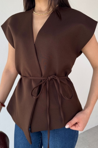 Cappmoda - CKT-12448 Kahverengi Bağlama Detaylı Astarlı Yelek (1)