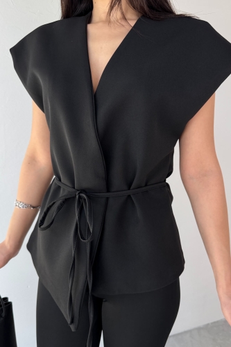 Cappmoda - CKT-12448 Siyah Bağlama Detaylı Astarlı Yelek (1)
