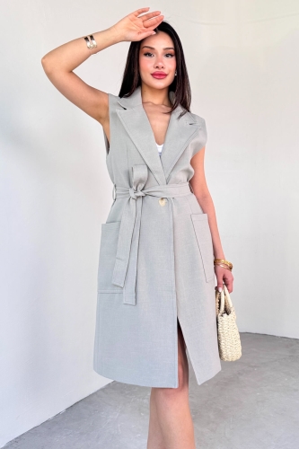 Cappmoda - CKT-9432 Gri Klapa Yaka Astarlı Kuşak Detaylı Keten Uzun Yelek (1)