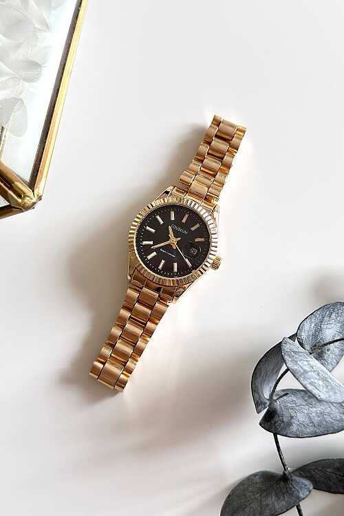 Clyra Siyah Klasik Yuvarlak Kadran Gold Çelik Kordon Kadın Kol Saati - 1