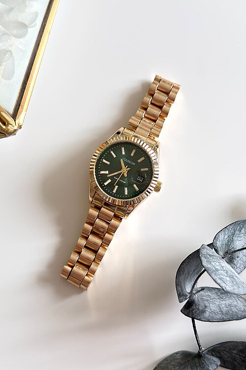 Clyra Yeşil Klasik Yuvarlak Kadran Gold Çelik Kordon Kadın Kol Saati 