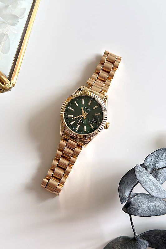 Clyra Yeşil Klasik Yuvarlak Kadran Gold Çelik Kordon Kadın Kol Saati - 1