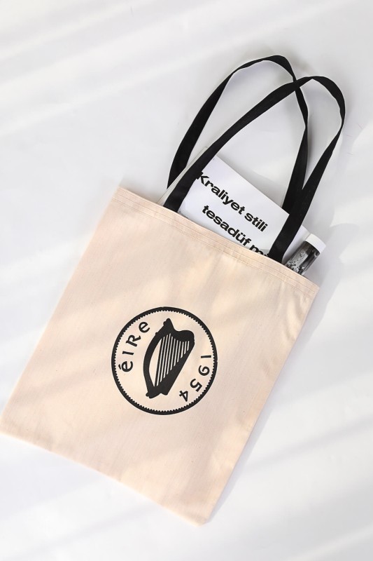 ÇNT-18034 Krem Logo Baskılı Keten Bez Çanta