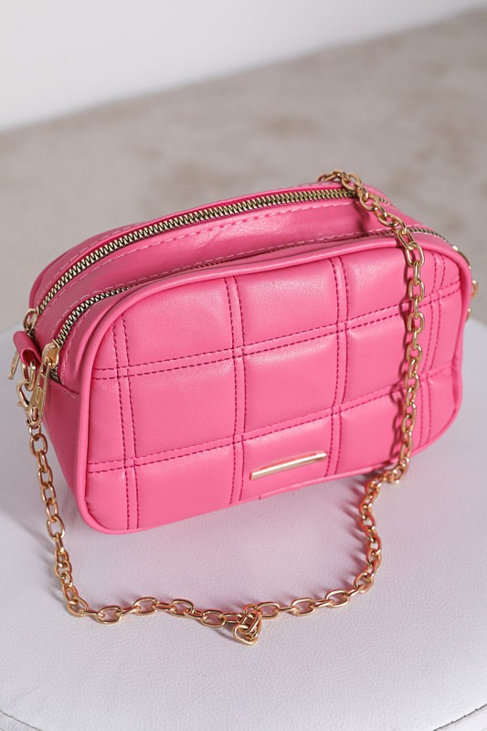 ÇNT-18042 Pembe Zincir Askılı Çift Fermuarlı Suni Deri Mini Çanta