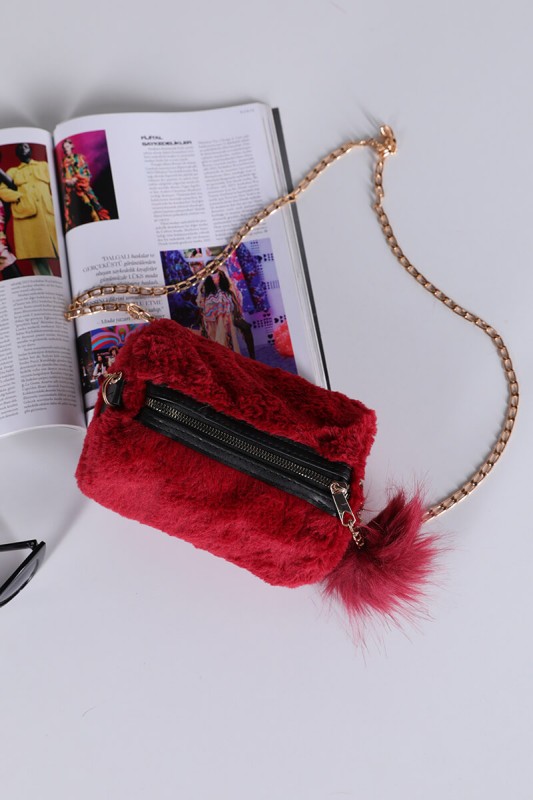 CNT-18054 Bordo Ponponlu Peluş Çanta
