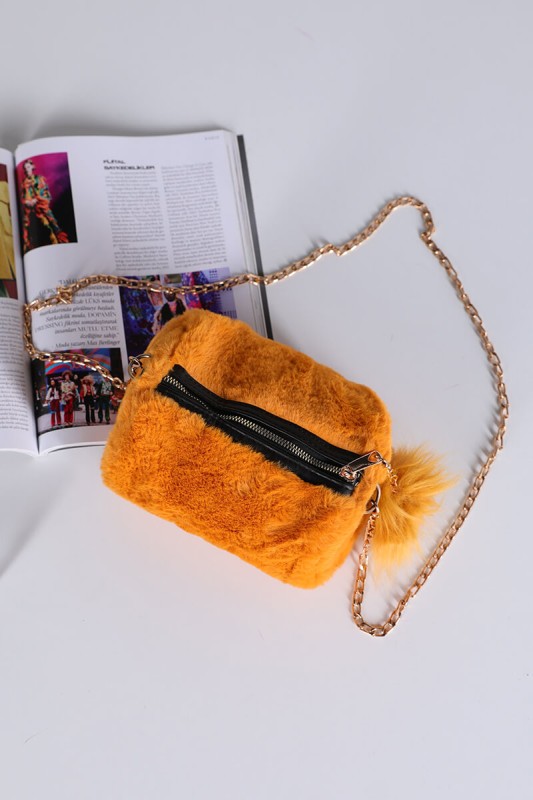 CNT-18054 Hardal Ponponlu Peluş Çanta
