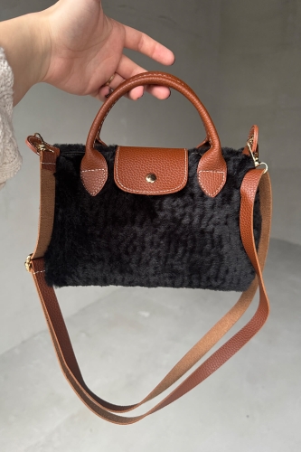 ÇNT-3011 Siyah Peluş Kumaş Kapaklı Mini Boy El ve Omuz Çantası - 2