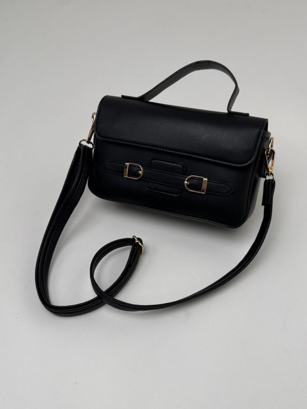 ÇNT-3015 Siyah Çift Toka Detaylı Crossbody Omuz Çantası