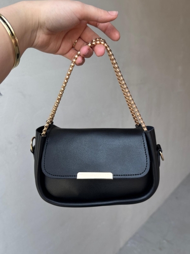ÇNT-3016 Siyah Zincir Askılı Suni Deri Crossbody Omuz Çantası - Thumbnail