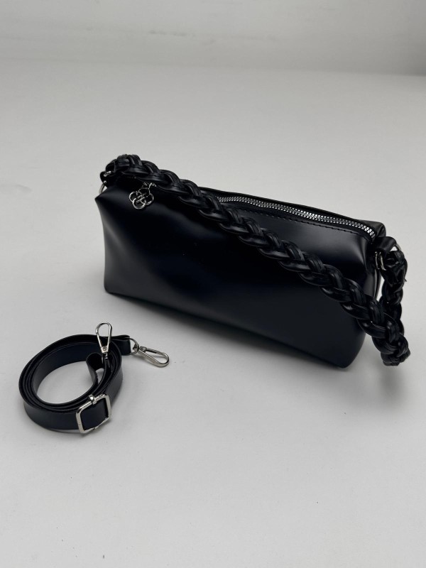 ÇNT-3017 Siyah Örgü Askı Detay Fermuarlı Suni Deri Crossbody Omuz Çantası