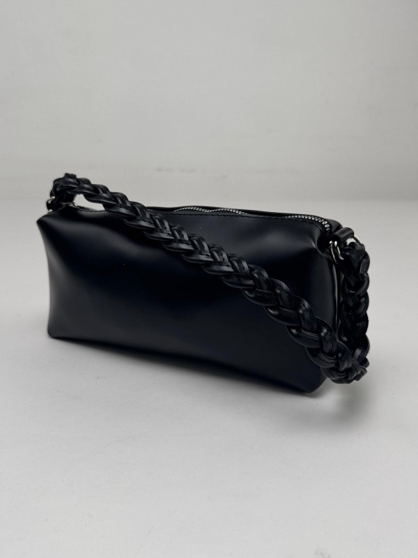 ÇNT-3017 Siyah Örgü Askı Detay Fermuarlı Suni Deri Crossbody Omuz Çantası