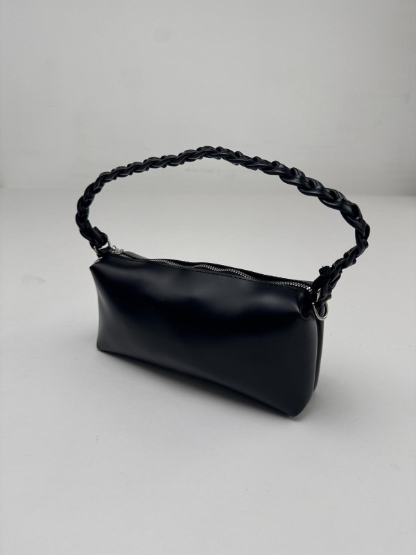 ÇNT-3017 Siyah Örgü Askı Detay Fermuarlı Suni Deri Crossbody Omuz Çantası