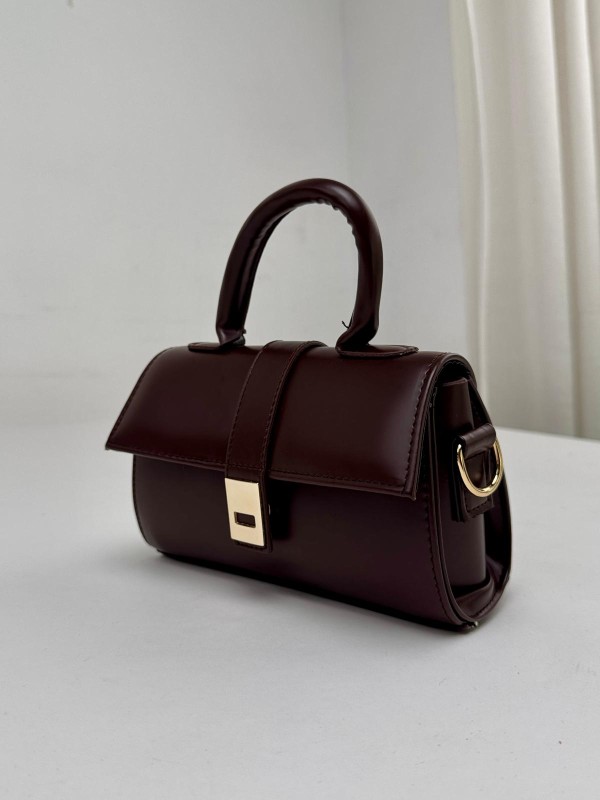 ÇNT-3021 Acı Kahve Gold Kilit Detaylı Suni Deri Crossbody Omuz Çantası