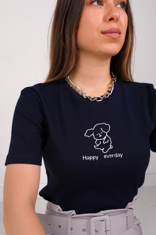 CPP-TSR-04113 Lacivert Happy Everday Nakışlı Crop Tişört