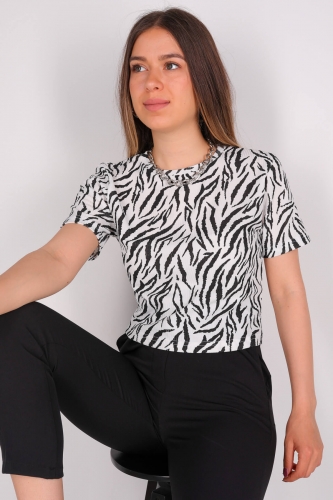 CPP-TSR-04116 Siyah Beyaz Zebra Desenli Crop Bluz - Thumbnail