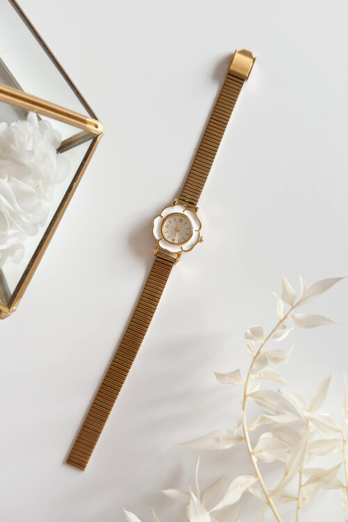 Desing Beyaz Çiçek Kadran Gold Çelik Kordon Kadın Kol Saati 
