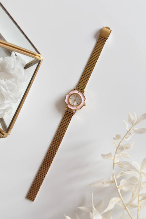 Desing Pudra Çiçek Kadran Gold Çelik Kordon Kadın Kol Saati 