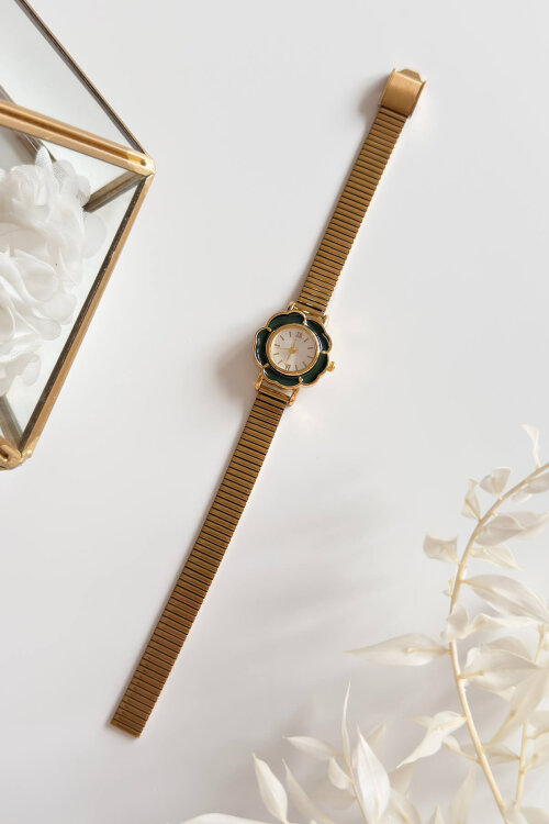 Desing Yeşil Çiçek Kadran Gold Çelik Kordon Kadın Kol Saati - 1