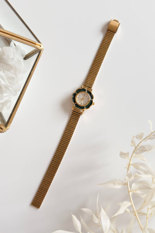 Desing Yeşil Çiçek Kadran Gold Çelik Kordon Kadın Kol Saati - 1