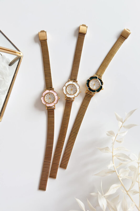 Desing Yeşil Çiçek Kadran Gold Çelik Kordon Kadın Kol Saati - 2