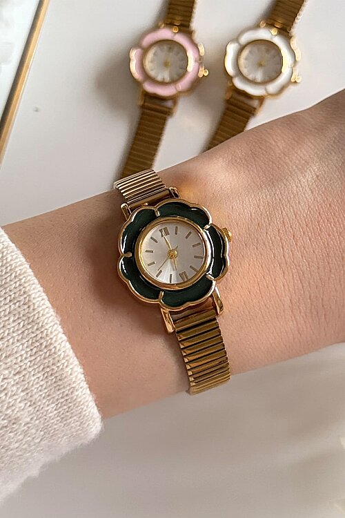 Desing Yeşil Çiçek Kadran Gold Çelik Kordon Kadın Kol Saati - 3