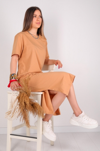  - ELB-01426 Taba Yırtmaç Detaylı Uzun Basic Elbise (1)