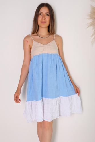 ELB-01475 Mavi Beyaz Blok Renkli Askılı Gofret Kumaş Elbise - Thumbnail