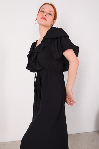 Cappmoda - ELB-01580 Siyah V Yaka Fırfırlı Lastikli Salaş Elbise (1)
