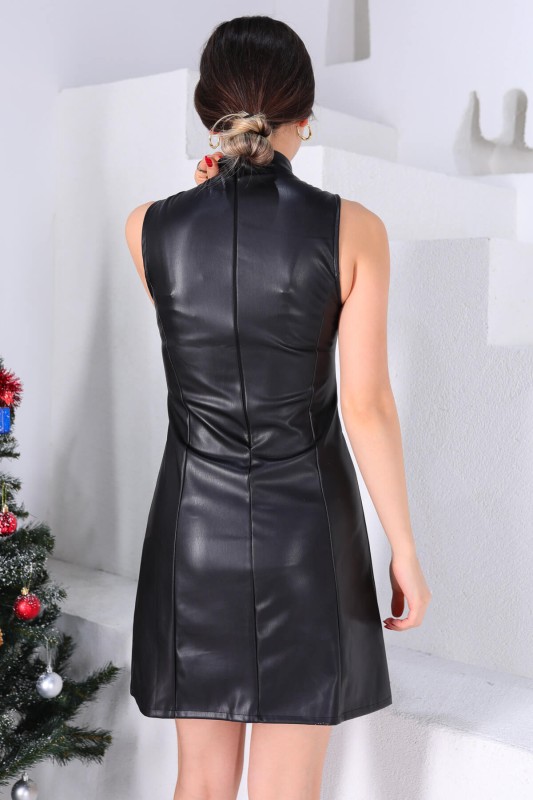 ELB-01533 Siyah Dik Yaka Sıfır Kol Deri Mini Elbise