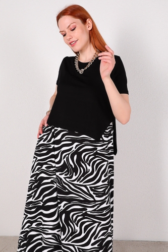 Cappmoda - ELB-01566 Siyah Zebra Desenli Tişört Birleşik Elbise (1)