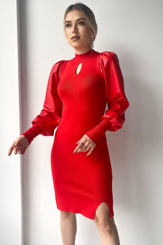 Cappmoda - ELB-01576 Kırmızı Pencere Detaylı Suni Deri Balon Kol Triko Elbise (1)