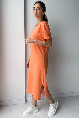 ELB-01582 Turuncu Yuvarlak Yaka Yırtmaç Detaylı Basic Elbise - Thumbnail
