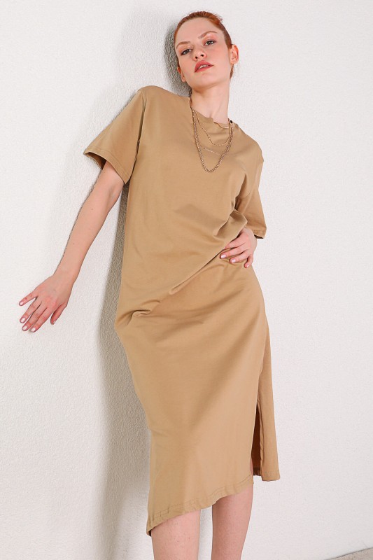 ELB-01582 Vizon Yuvarlak Yaka Yırtmaç Detaylı Basic Elbise