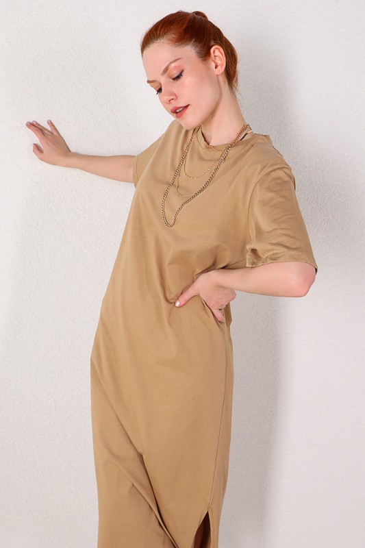 ELB-01582 Vizon Yuvarlak Yaka Yırtmaç Detaylı Basic Elbise