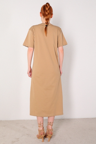 ELB-01582 Vizon Yuvarlak Yaka Yırtmaç Detaylı Basic Elbise - Thumbnail