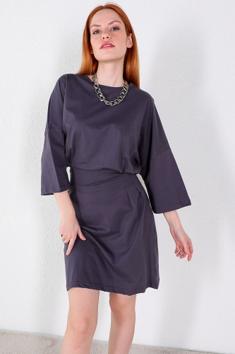 ELB-01583 Füme Bel Detaylı Fakir Kol Basic Elbise - Thumbnail