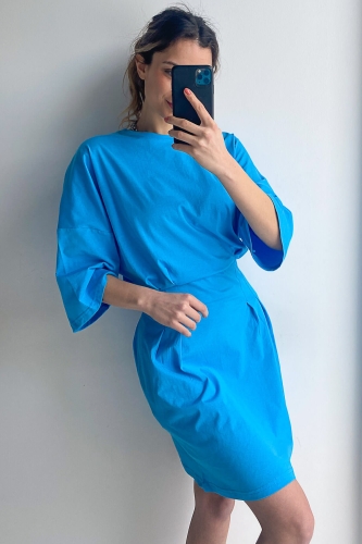 Cappmoda - ELB-01583 Mavi Bel Detaylı Fakir Kol Basic Elbise (1)