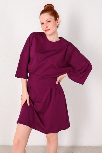 Cappmoda - ELB-01583 Mor Bel Detaylı Fakir Kol Basic Elbise (1)