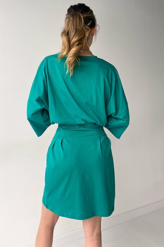 ELB-01583 Yeşil Bel Detaylı Fakir Kol Basic Elbise - Thumbnail